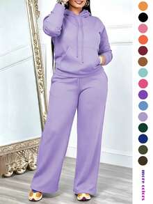 Women's Casual 2 Pieces Set Solid Color Elegant Long Sleeve Hooded Drawstring Pocket Sweatshirt & Straight Leg Drawstring Pants, Lightweight & Soft, Suitable For Spring, Summer, Autumn - Mauve Purple - View 4
