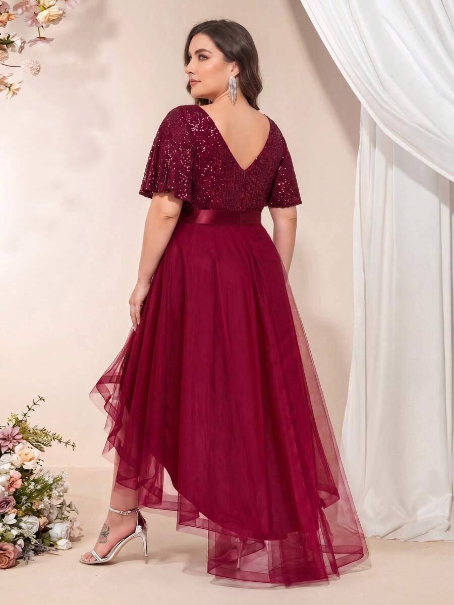 XUCTHHC Plus Size Elegant Party V-Neck Ruffle Sleeve Sequin High-Low Hem Mesh Skirt Formal Ball Gown, Wedding Guest, Cocktail Party, Holiday, Autumn/Winter - Burgundy - View 1