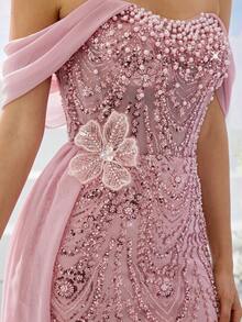 Elegant Women's Pink Mermaid Formal Gown, Featuring Beaded Mesh Fabric, Cold Shoulder Short Sleeves, Perfect For Prom And Evening Events - Pink - View 3