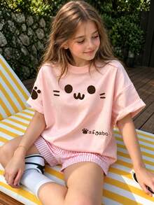 1pc Tween Girl Printed Short Sleeve T-Shirt, Student Youth Clothing, Summer Top - Pink - View 2