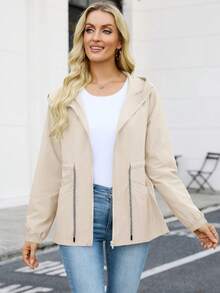 Women's Spring/Autumn Solid Color Long Sleeve Cinched Waist Casual Loose Hooded Jacket - Apricot - View 3
