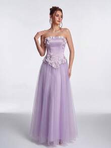 Anymoon Women's Elegant 3D Floral Decor Mesh Patchwork Strapless Evening Gown - Purple - View 7