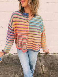 Women's Vintage Striped Colorblock Cardigan Sweater, Long Sleeve, Front Button Knit Pullover, Autumn Clothing, Winter Sweater, Casual Daily Wear - Multicolor - View 7