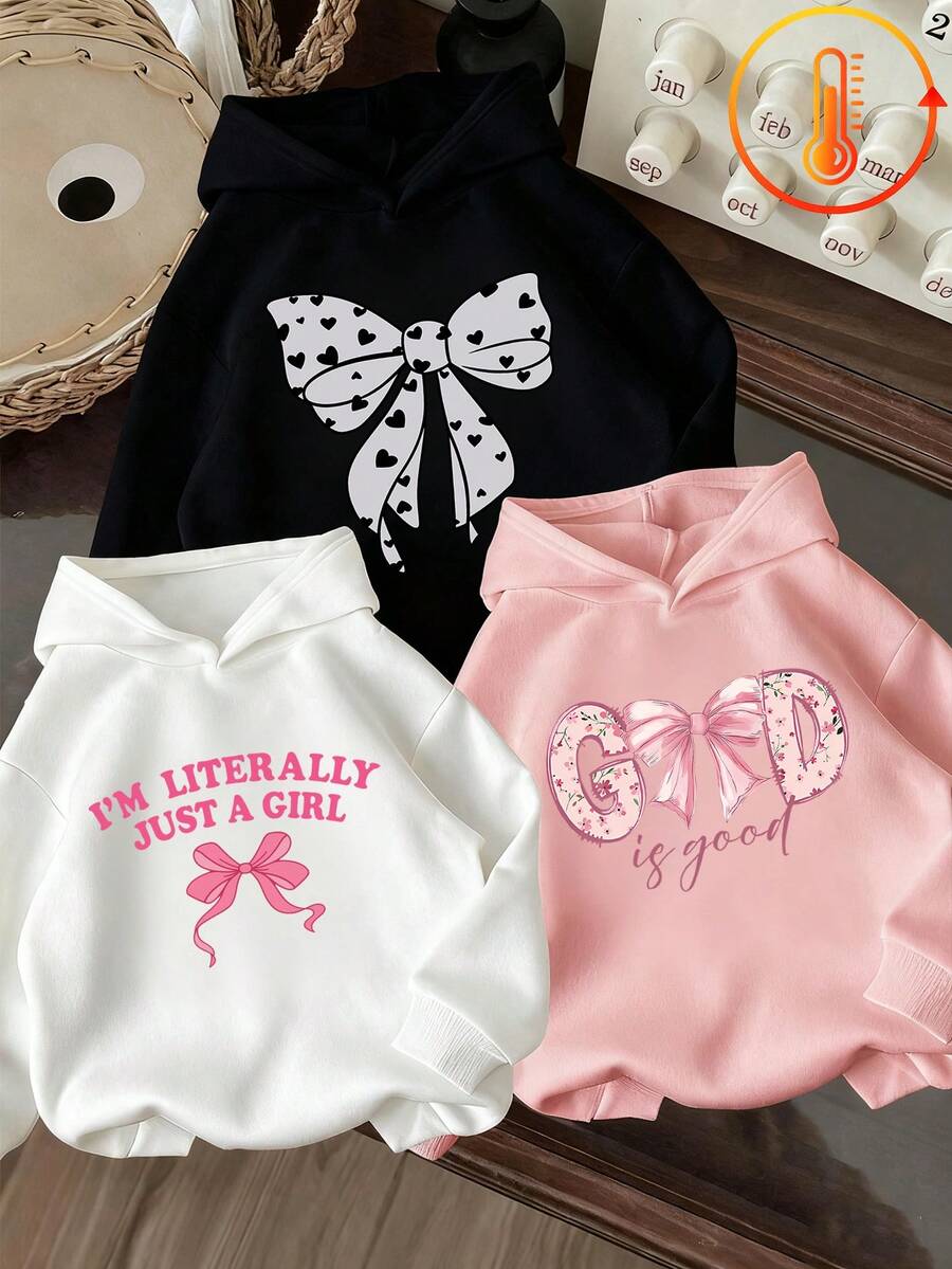 3pcs-Tween Girl 3 Pieces Set, Fun Print Sweatshirt, Warm And Comfortable Thermal Lined Pullover Sweatshirt For Autumn/Winter - Black - View 1