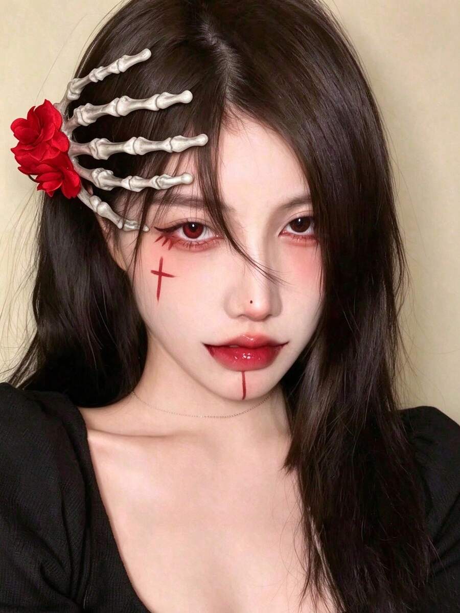 1PC Halloween Rose Skull Hand Hair Clip, Gothic Style Bone Hand Hair Accessory, Dark Exaggerated Ghost Claw Decorative Ornament - Multicolor - View 1