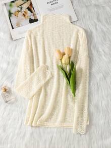 French Gentle Style Semi-High Neck Lace Top, Brushed Thick Hollow-Out Textured Long Sleeve, Versatile Sweater Inner Layer Base Top - Apricot - View 2