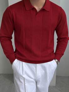 Burgundy Vertical Ribbed Knit Polo Men's Autumn/Winter Smart Casual Lapel Commute Long Sleeve Airplane Collar Knit Top Christmas Style - Burgundy - View 6