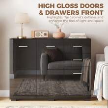 Sideboard, Modern Storage Cabinet With 2 Drawers, 3 And Adjustable Shelves, High Gloss Black - Black + Engineered Wood - View 5
