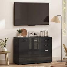 Sideboard, Modern Storage Cabinet With 2 Drawers, 3 And Adjustable Shelves, High Gloss Black - Black + Engineered Wood - View 7