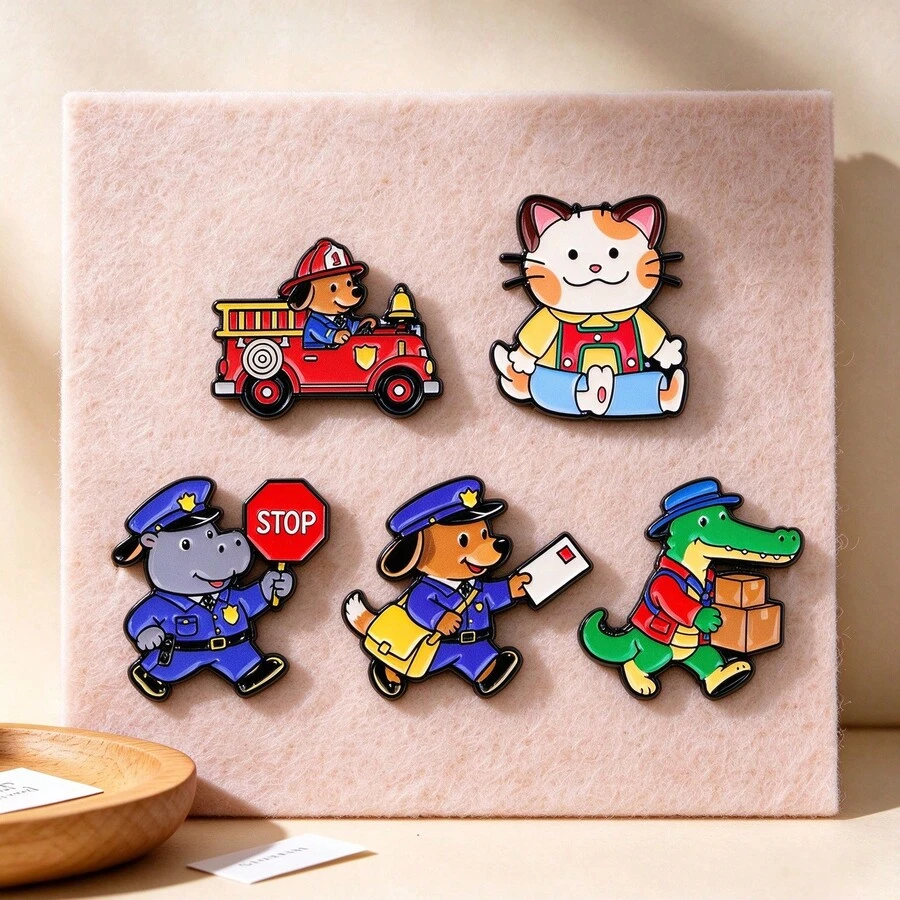 Cute Cartoon Animal Worker Lapel Pin Set, Metal Animal Enamel Brooch Badges For Backpack Jacket Hat, Lovely Jewelry Gift For Friends