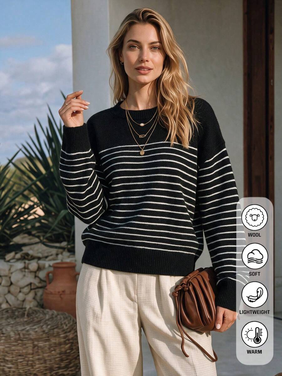 NiceArt Women's Black & White Striped Drop Shoulder Knit Sweater, Autumn/Winter Vintage Basic Loose Fit, Autumn Outfit, Renaissance Style, Halloween - Black and White - View 1