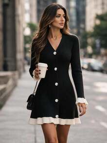 Women's Autumn/Winter Black & White Ruffle V-Neck Front Button Ribbed Knit Dress, Long Sleeve Waist-Cinching Slim Fit Mini Dress, Elegant Casual Date Commute Office Outfit - Black - View 2