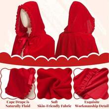 Christmas Red Hooded Short Cape With Red Ruffle Trim And Tie, Cosplay Stage Performance Photo Shoot Cloak - Multicolor - View 6