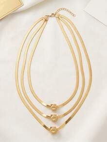 1pc Fashionable Exquisite 3-Layer Flat Snake Chain Geometric Square & Spherical Layered Collarbone Necklace, Suitable For Women's Daily Wear, Holiday Gift And Birthday Gift - Yellow Gold - View 2