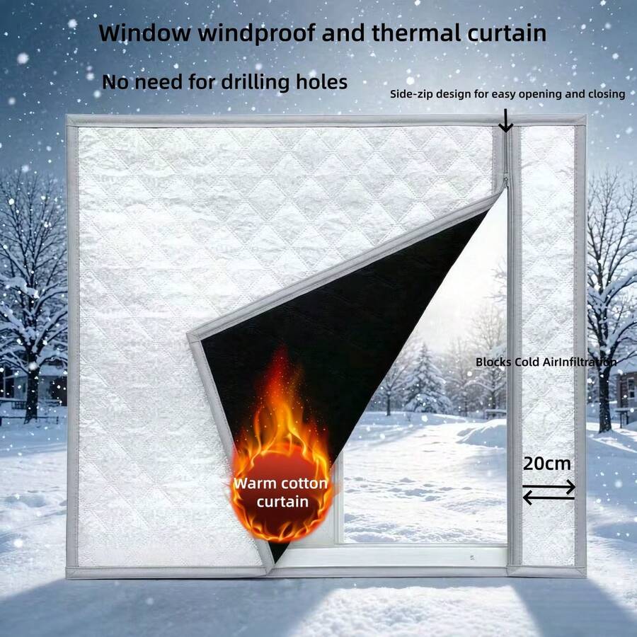 Window Draft Stopper Soundproofing Curtain | Thickened Padded Thermal Curtain, Windproof And Cold-Insulating For Warmer Home In Winter - Silver Face Cotton Curtain, Gray Trim, Right-opening Zipper - View 1