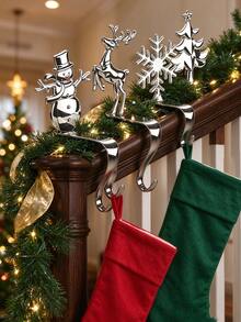 Christmas Shiny Silver Metal Decorative Hooks For The Home; Features Four Designs-Christmas Tree, Reindeer, Snowman, And Snowflake. Suitable For Use On Fireplaces, Bedsides, Windows, Or Dining Tables To Hang Items Such As Christmas Stockings, Gifts - Multicolor - View 5