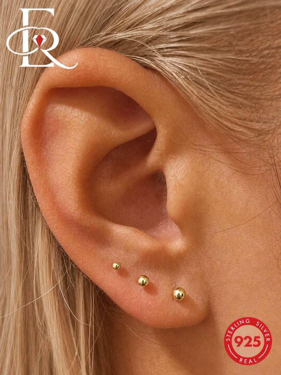 3pcs 925 Sterling Silver Ball Stud Earrings Set, 2mm 3mm 4mm Gold Color, Fashion Jewelry Gift For Women, Weddings & Engagements