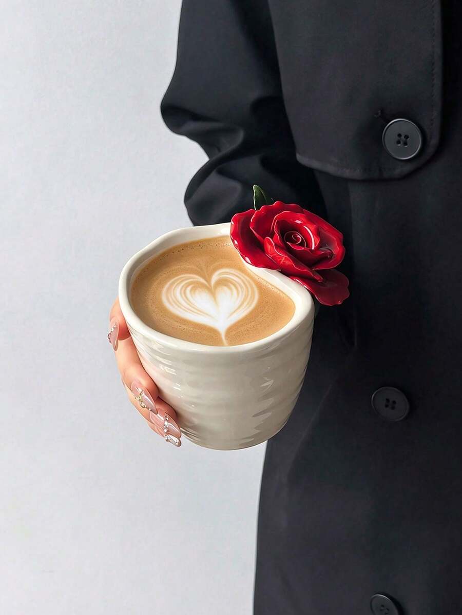 1pc Exquisite Handmade Ceramic Coffee Mug With 3D Embossed Floral Design, Ins-Style Aesthetic Healing Mug, Perfect Gift For National Day, Ramadan, Tea Cup