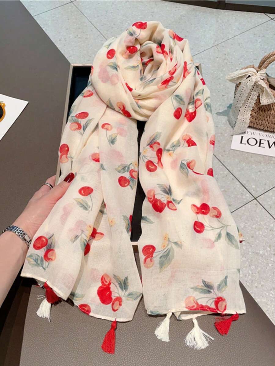 1pc New Sweet Heart Tassel Scarf For Women, Thin Spring/Summer Sun Protection Shawl For Travel, Beach And Air-Conditioned Room - Beige - View 1