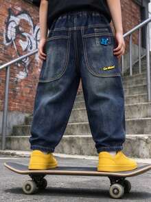 Boys' Kids' Toddler Loose Fit Comfortable Denim Jeans With Large Pockets And Letter Embroidery, Long Pants For Autumn, Spring, All Season, Suitable For Daily, School, Casual, Outdoor Wear - Blue - View 5