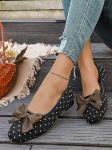 Women's Bowknot Polka Dot Print Square Toe Low Vamp Low Heel Daily Flat Shoes - Black - View 4