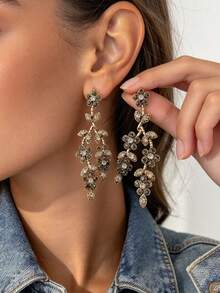 Crystal Floral Vine Dangle Earrings Rhinestone Branch Drop Vintage Jewelry - Leaf Rhinestone Earrings - View 1