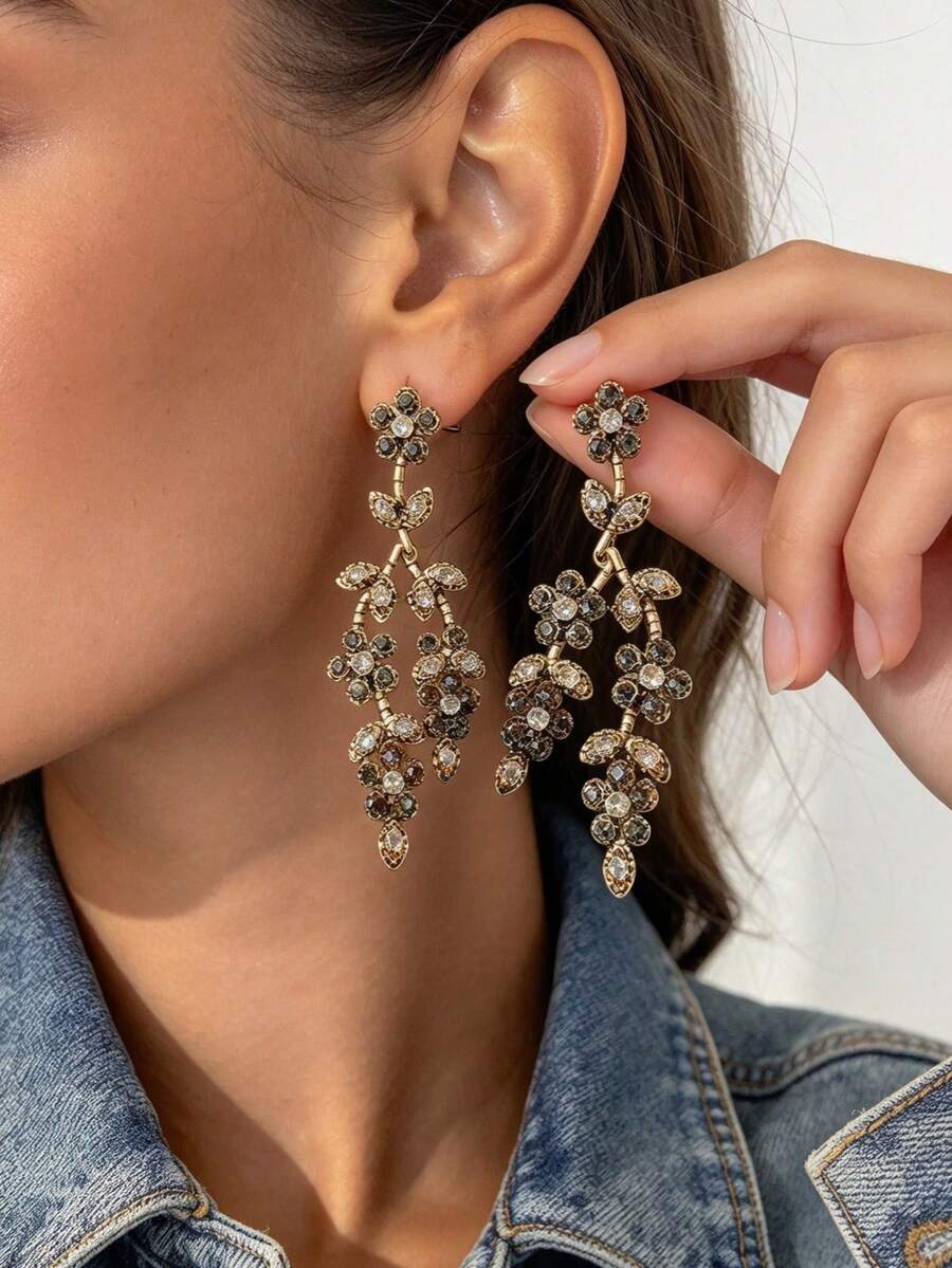 Crystal Floral Vine Dangle Earrings Rhinestone Branch Drop Vintage Jewelry - Leaf Rhinestone Earrings - View 1