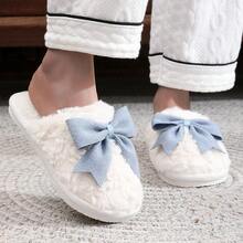 Fall/Winter Bow Knot Slippers For Women, Plush Fur Indoor Soft Sole Floor Slides, Warm Couple House Shoes With Anti-Slip,Christmas Outfits,Fluffy Slippers - Blue - View 7