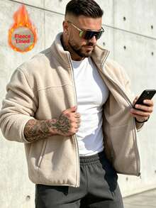 Men's Fleece Casual Solid Color Long Sleeve Jacket, Versatile Autumn/Winter Fleece Coat - Apricot - View 1