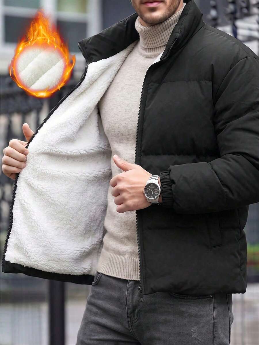 Men's Winter Minimalist Solid Color Versatile Stand Collar Padded Coat, Casual Commuter Jacket Top - Black - View 1