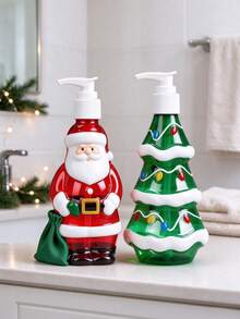 1pc 350ml Santa Claus & Christmas Tree Pattern Refillable Pump Bottle, Plastic Hand Soap/Shampoo/Body Wash Dispenser, Screw Cap Unscented, Christmas Bathroom Decor Liquid Storage, Kitchen Countertop Storage, Home Christmas Gift - Multicolor - View 4