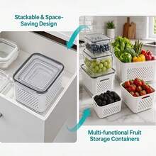 8-Piece Plastic Food Storage Containers With Lids, Refrigerator Multi-Functional Sealed Fresh-Keeping Boxes, With Drain Basket Set For Fruits, Vegetables, And Kitchen Food Organization (3 Drain Baskets + 3 Fresh-Keeping Boxes) - White - View 7