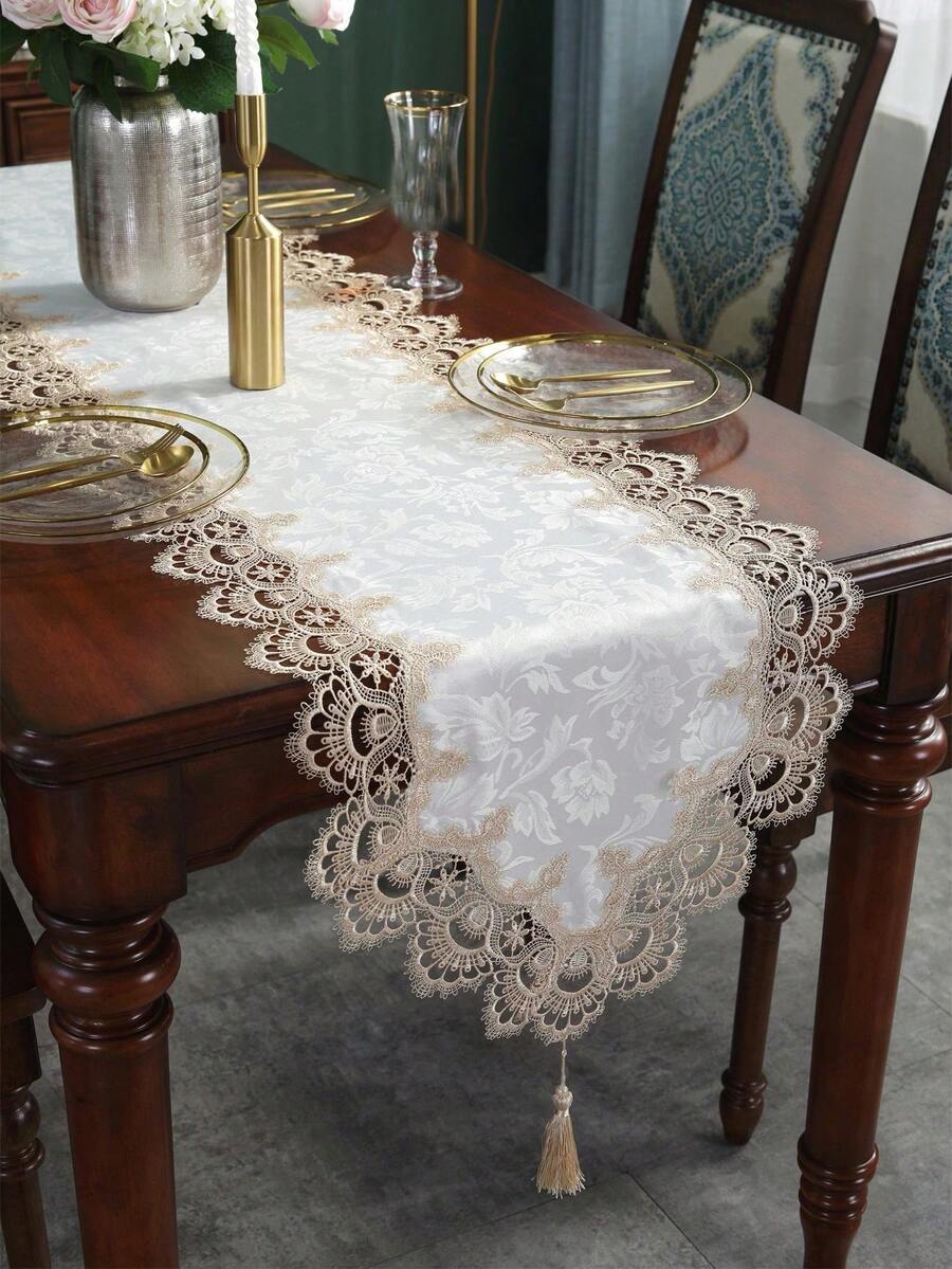 1pc Lace Trim Long Table Runner Placemat - Beige - View 1