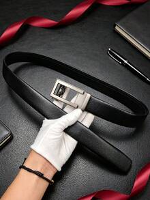 1pc Men's Automatic Buckle Belt, Square Buckle, Casual Solid Color Litchi Grain Leather Belt For Party And Home, 120cm - Black - View 8