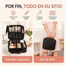 Portable Oxford Cloth Makeup Organizer With Adjustable EVA Dividers, Cosmetic Case With Brush Slots And Waterproof PVC Lining, 23x26x9cm - Black - View 9