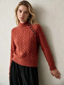 NiceArt Women's Autumn/Winter Vintage Half-High Neck Cable Knit Blended Sweater, Diagonal Button Drop Shoulder Long Sleeve Pullover, Autumn Outfit, Halloween - Red - View 1