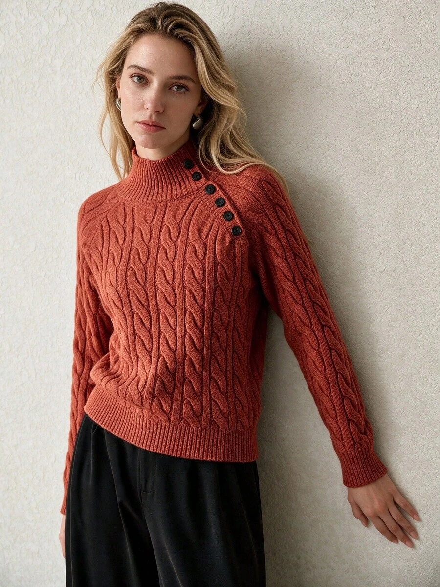 NiceArt Women's Autumn/Winter Vintage Half-High Neck Cable Knit Blended Sweater, Diagonal Button Drop Shoulder Long Sleeve Pullover, Autumn Outfit, Halloween - Red - View 1
