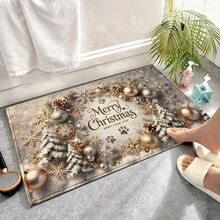 1pc Kitchen Floor Mat, Soft Faux Cashmere Material, Gold Snowflake Christmas Ball Pine Cone Christmas Tree Pattern, Holiday Luxury Style, Non-Slip, Suitable For Kitchen, Bathroom, Entryway, Bedroom Doorway Decoration, Multi-Scene Use Anti-Slip Floor Mat, Room Decor, Holiday Gift - Multicolor - View 7