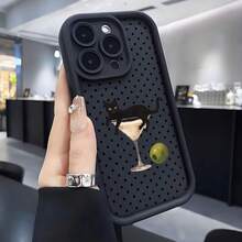 1pc American Style Funny Polka Dot Black Cat Phone Case, Martini Glass Olive Cartoon Cat Pattern, Large Window Lens Frame Full Coverage Shockproof Silicone Soft Shell, Quirky Artistic, Compatible With Apple 18Promax/11/12/13/14plus/15/16/17pro - Black - View 1