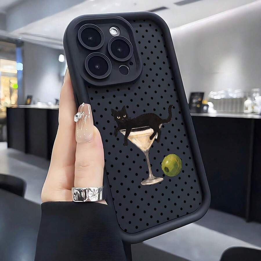 1pc American Style Funny Polka Dot Black Cat Phone Case, Martini Glass Olive Cartoon Cat Pattern, Large Window Lens Frame Full Coverage Shockproof Silicone Soft Shell, Quirky Artistic, Compatible With Apple 18Promax/11/12/13/14plus/15/16/17pro - Black - View 1