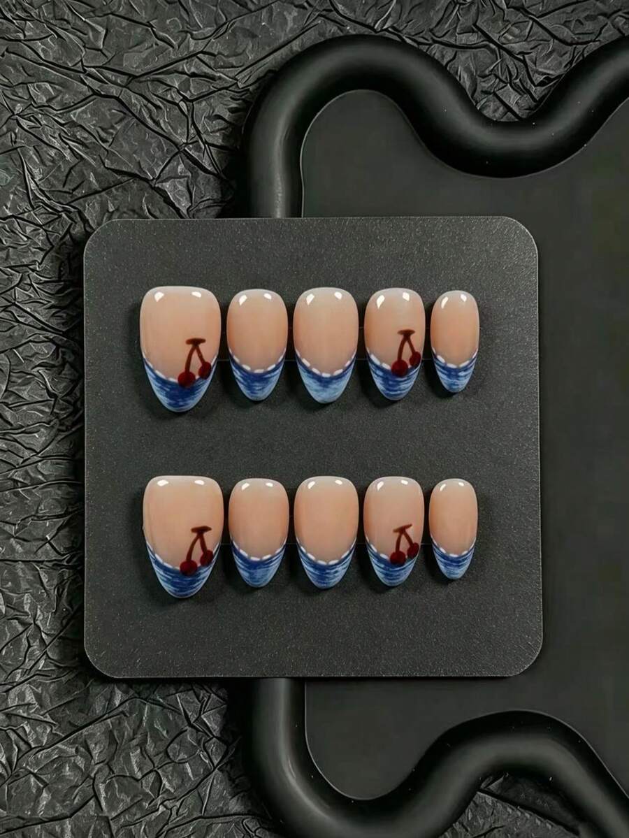 10pcs Handmade Press-On Nails, Short Almond Shape, Autumn/Winter Style, Nude Base With Denim Blue French Tips, Hand-Painted Cherry Elements, Suitable For Autumn/Winter, Comes With Full Set Of Manicure Tools, Perfect For Girls' Personal Use Or As A Gift - Blue - View 1
