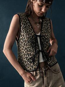 Rusttydustty Vintage Hot Girl Leopard Print Tie Front Vest Jacket For Women, Holiday , Summer Women's Wear - Brown - View 1