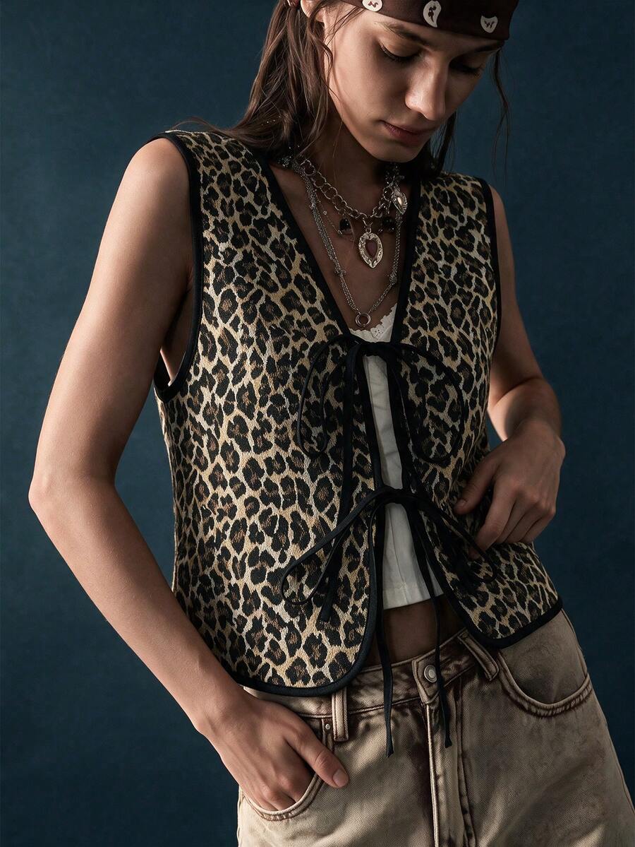 Rusttydustty Vintage Hot Girl Leopard Print Tie Front Vest Jacket For Women, Holiday , Summer Women's Wear - Brown - View 1