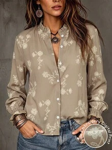 Fashionable Commuter Digital Print Button-Down Shirt With Ruffle Collar And Cuffs, Women's - Mocha Brown - View 5