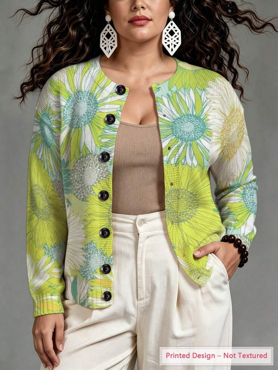 ASHKATIA Plus Size Women Bohemian Style Fresh Floral Print Cardigan - Multicolor - View 1
