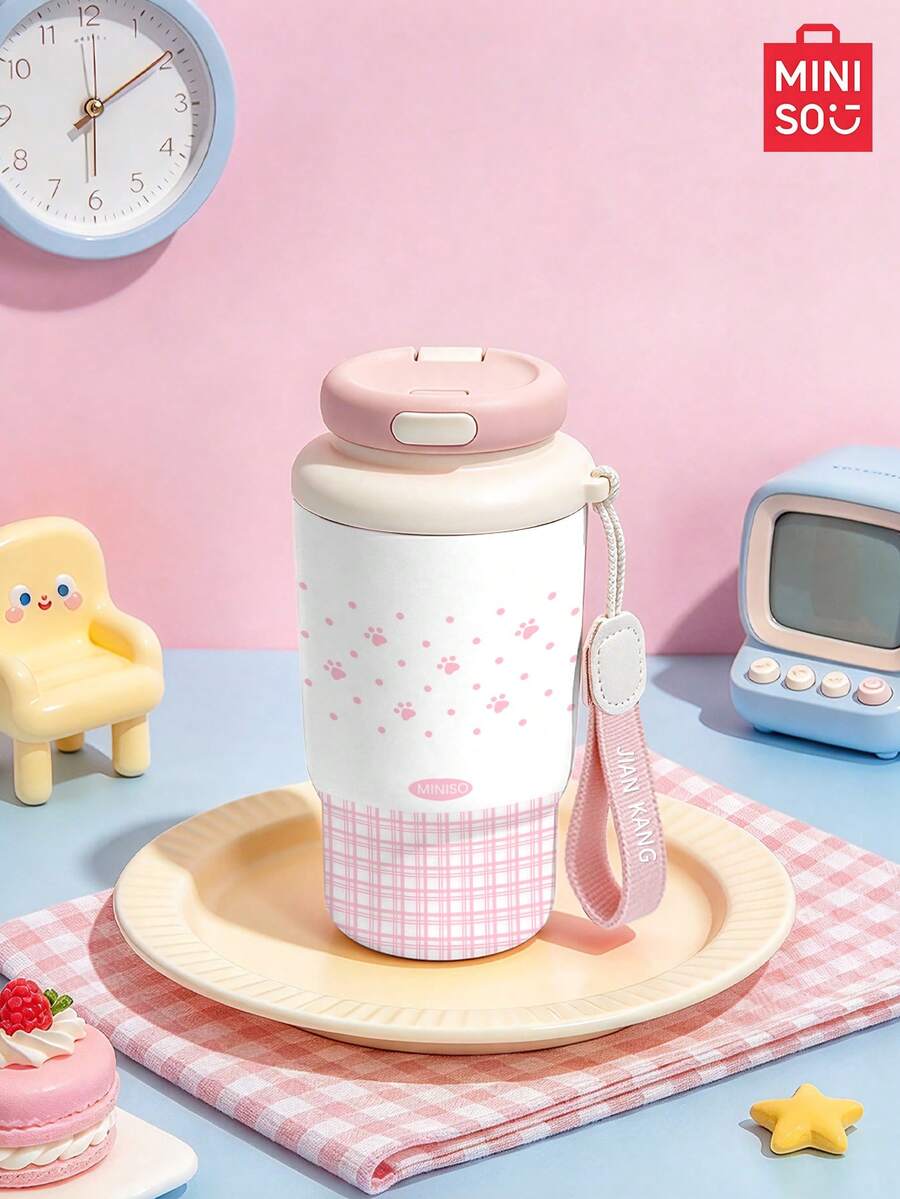 MINISO Insulated Coffee Cup, Available In Multiple Colors, Comes With A Lid And A Lanyard, For Beverages And Juice. A Winter Essential. Perfect As Birthday Gift, With A Capacity Of 368ml. - Baby Pink - View 1