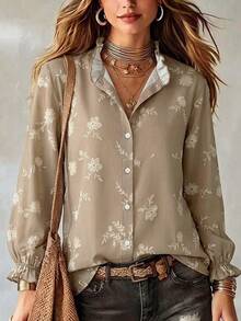 Fashionable Commuter Digital Print Button-Down Shirt With Ruffle Collar And Cuffs, Women's - Mocha Brown - View 7