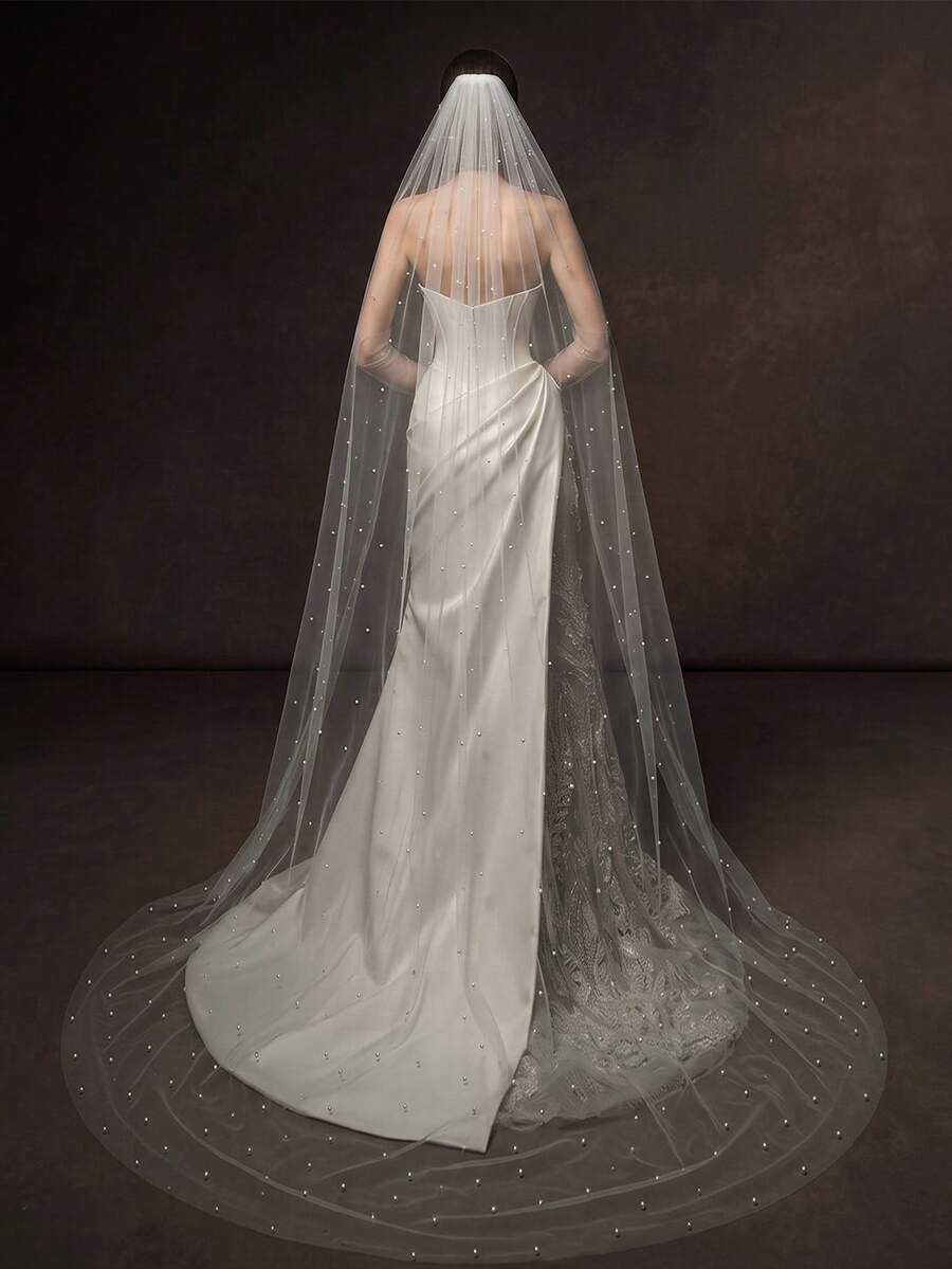 1件装短款百搭珍珠新娘头纱，简约优雅的女士婚纱头饰，结婚登记用