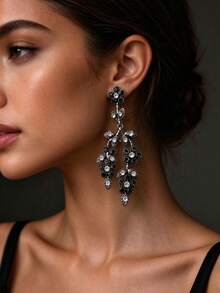 Crystal Floral Vine Dangle Earrings Rhinestone Branch Drop Vintage Jewelry - Leaf Rhinestone Earrings - View 2