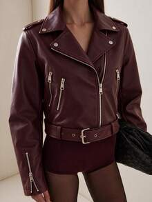 Women's Black Faux Leather Biker Jacket – Zip-Up Cropped Moto Jacket - Burgundy - View 2